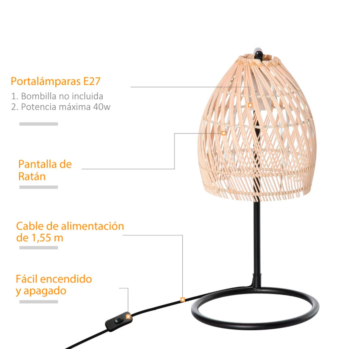 Lámpara de mesa Wakiki Homcom 40W pantalla ratán natural Ø20x41 cm 4