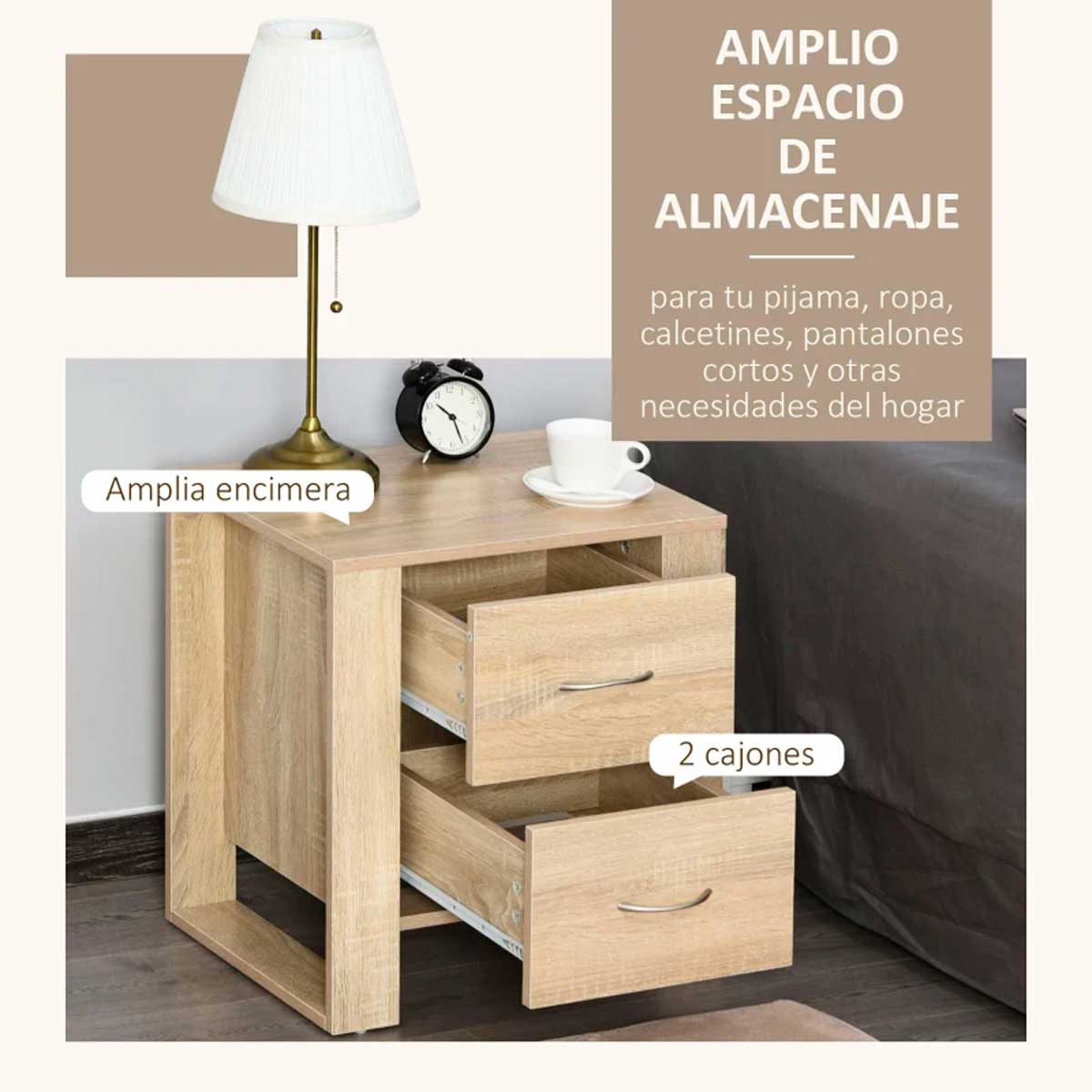 Mesita de noche Iria Homcom 2 cajones madera 54x48x39 cm 3