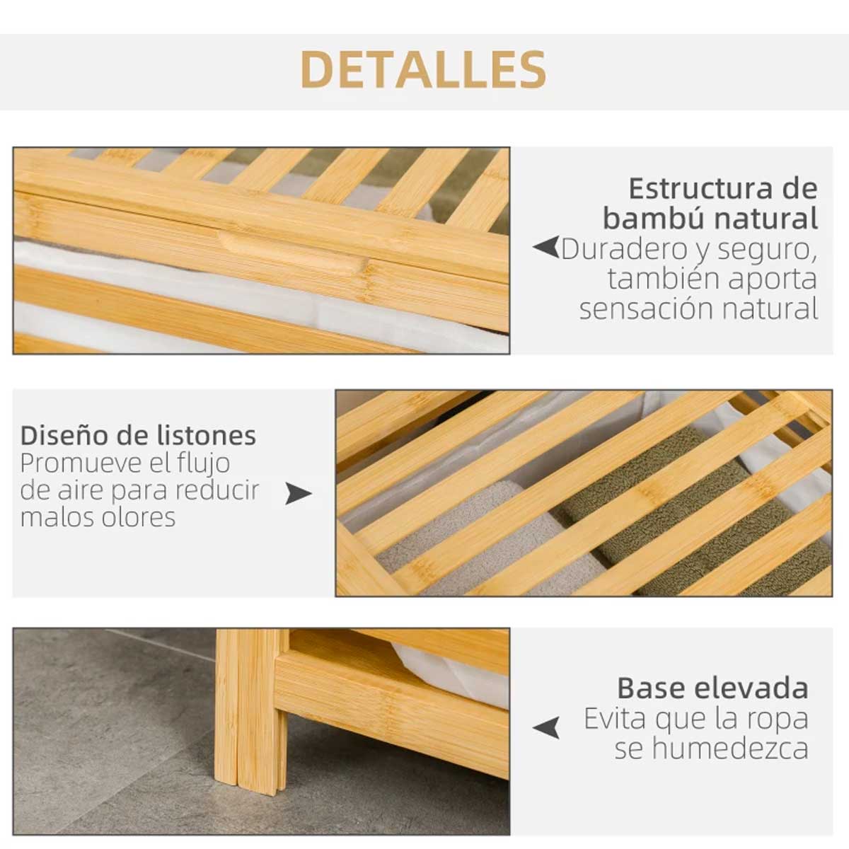 Cesto multiusos Bamboo Homcom 55L bolsa extraíble natural 60x50x36 cm 5