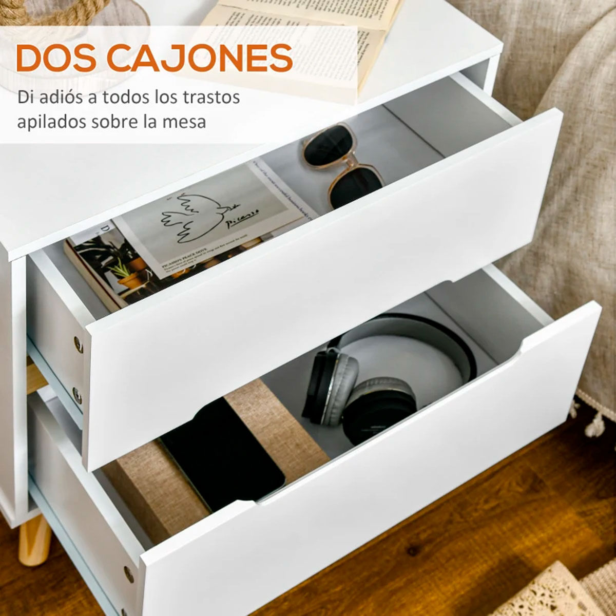 Mesita de noche Poppy Homcom 2 cajones blanco 50,5x50x40 cm 4