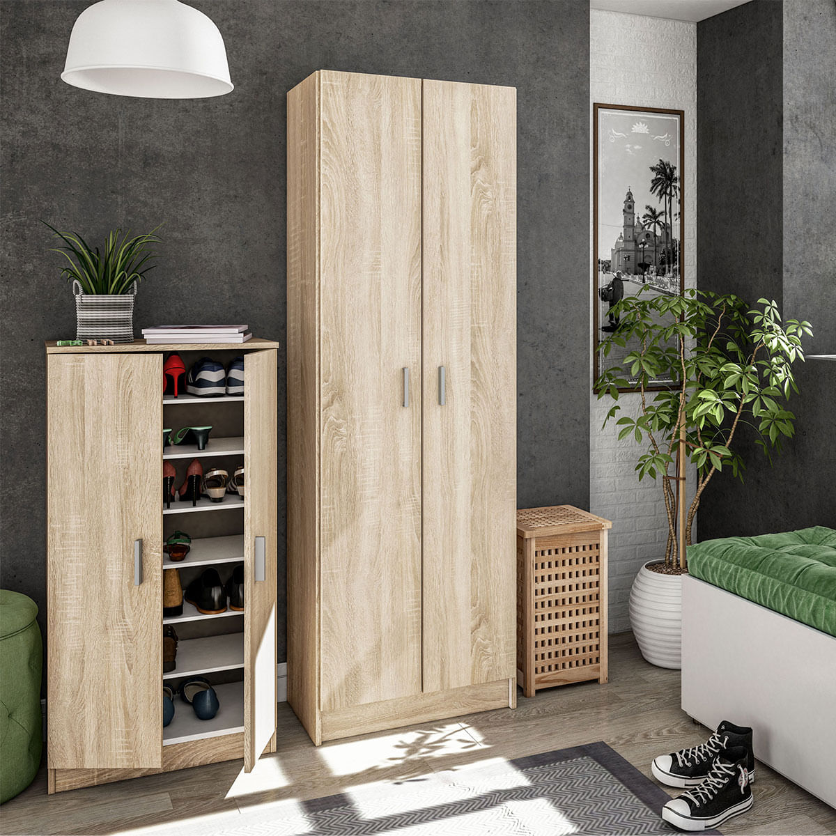 Armario multiusos USE 2 puertas + 5 estantes regulables roble canadian 180x59x37 cm animada