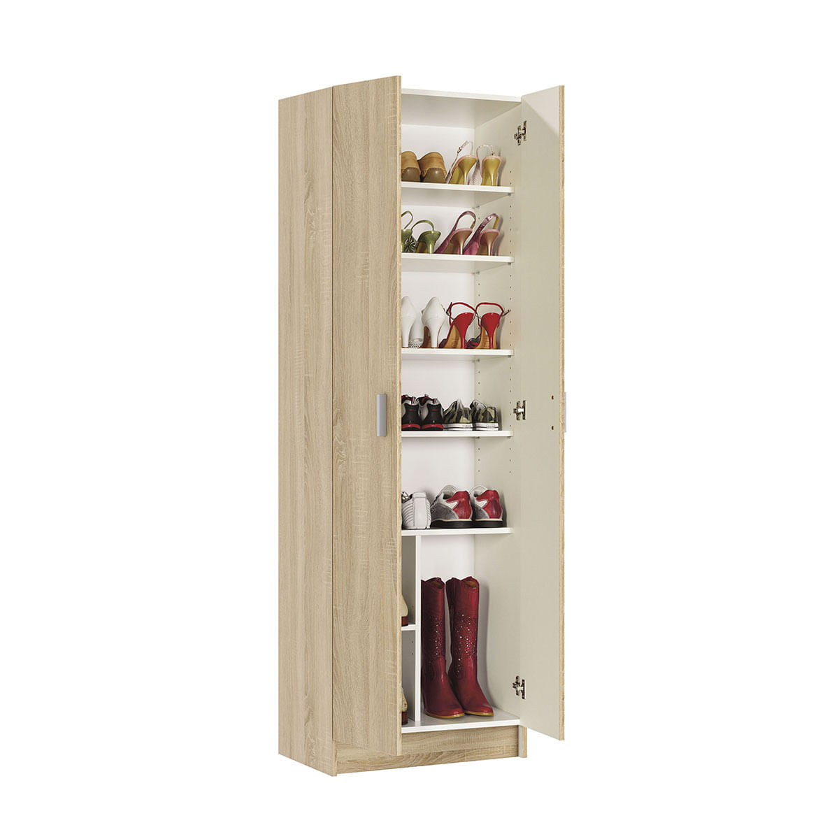 Armario multiusos USE 2 puertas + 5 estantes regulables roble canadian 180x59x37 cm detalle interior animado