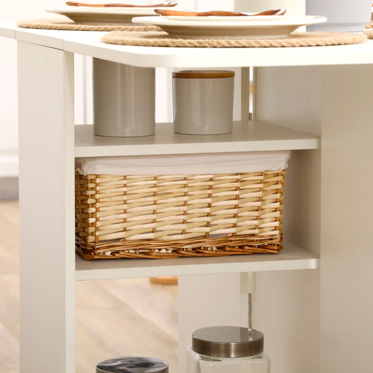 Mesa de comedor Oke Homcom plegable 2 cajones + 1 armario + ruedas blanco 75x35-120x80 cm detalle