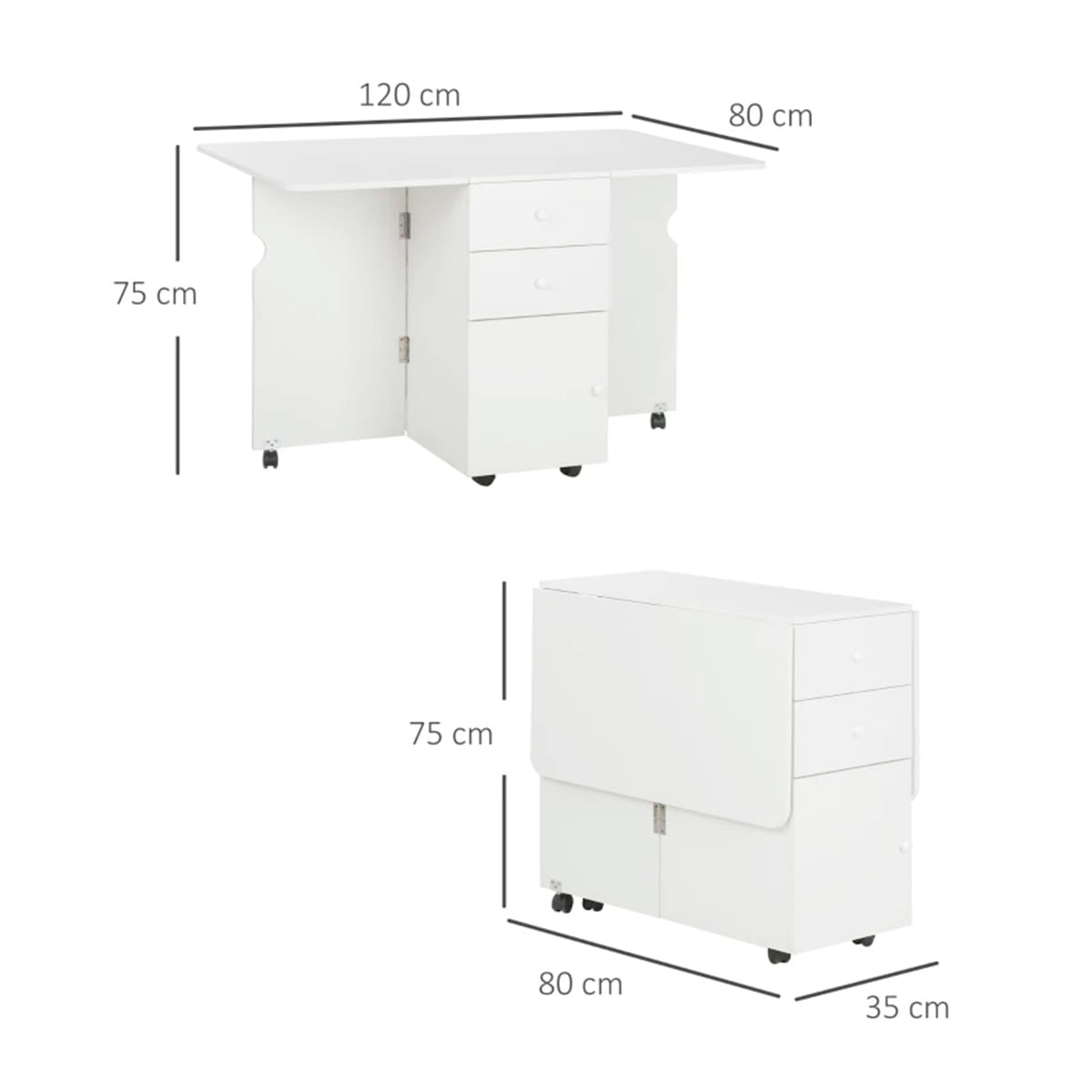Mesa de comedor Oke Homcom plegable 2 cajones + 1 armario + ruedas blanco 75x35-120x80 cm medidas