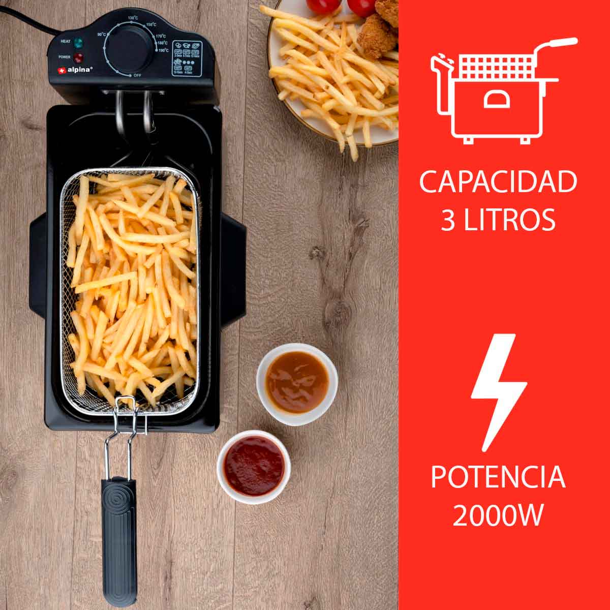 Freidora de aceite Alpina 3L 2000W negro/plata vista cenital