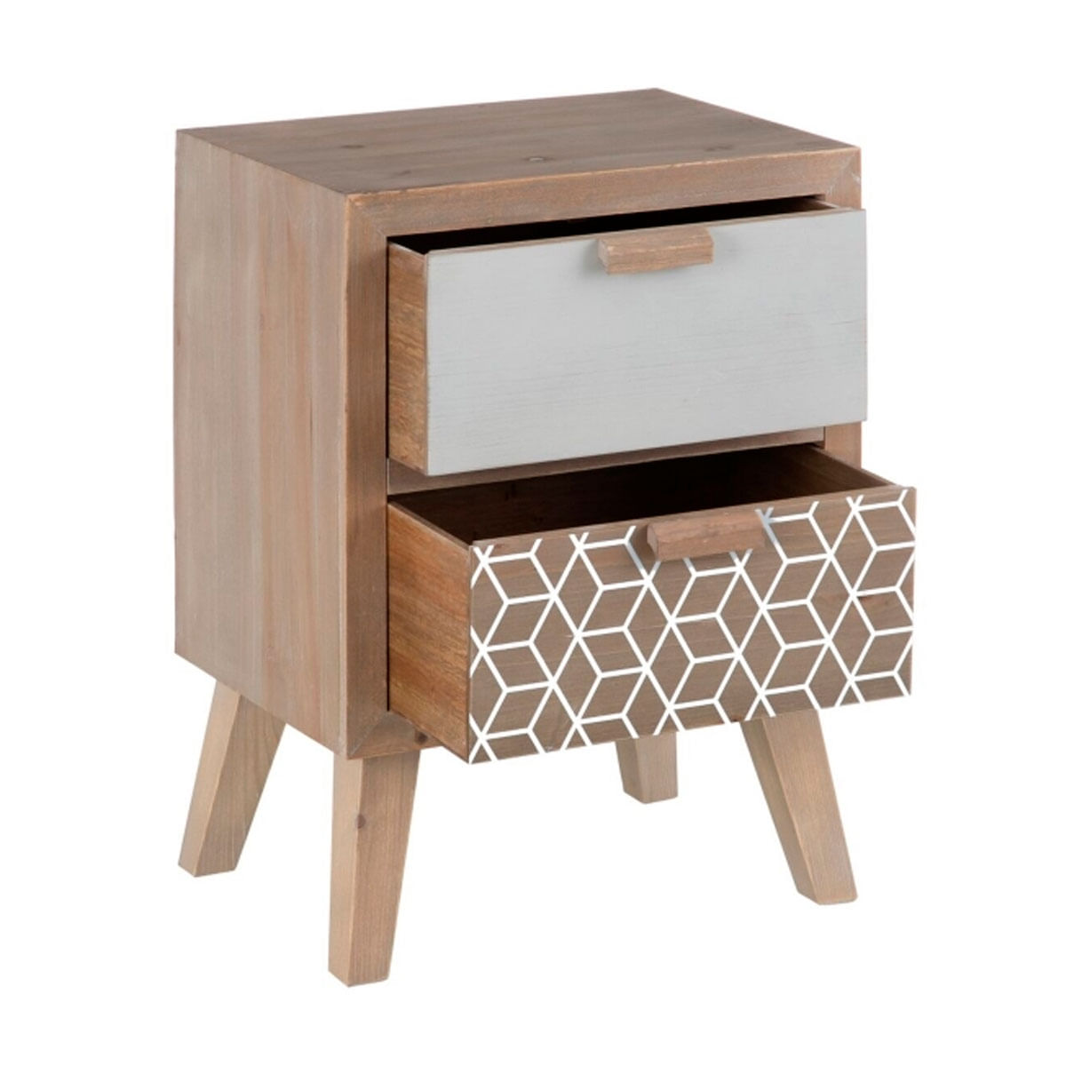 Mesita de noche Kensy 2 cajones madera natural/blanco 55x40x30 cm fondo blanco