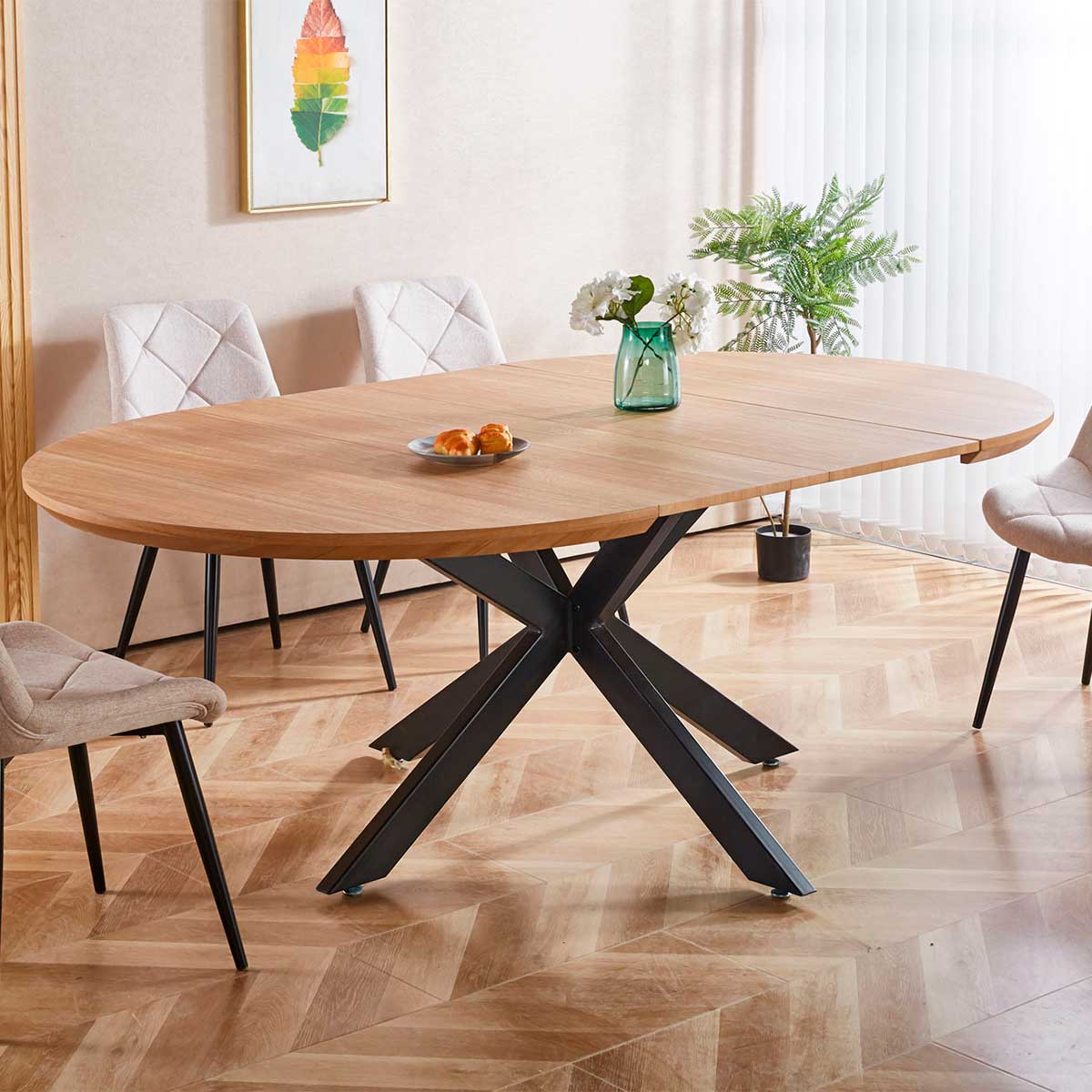 Mesa-de-comedor-redonda-extensible-Cross-natural-negro-76x130-170-210x130cm-animada-dos
