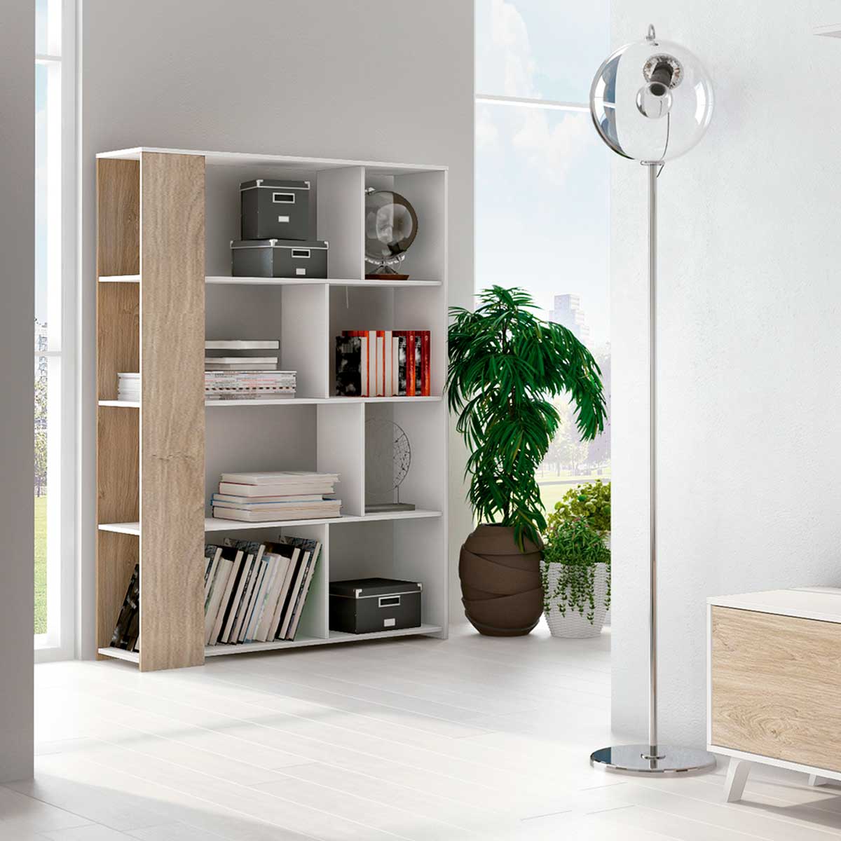 Composicion-de-salon-Soto-blanco-roble-estanteria