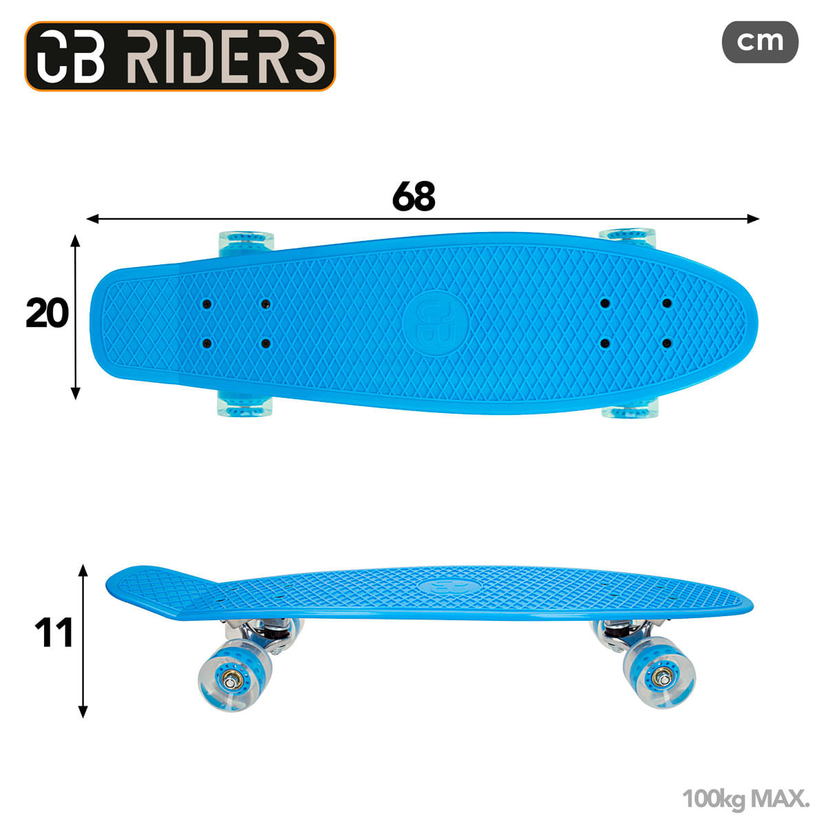Monopatín CB Riders eje aluminio +6A azul medidas