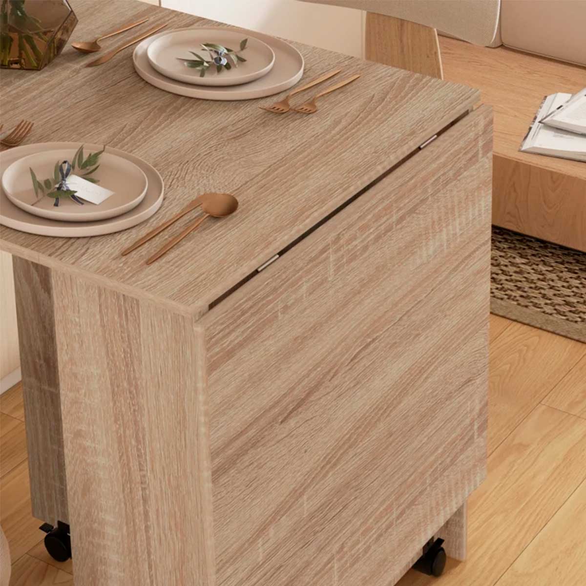 Mesa-plegable-Rue-Homcom-2-estantes---ruedas-natural-74x23-80-140x75cm-abatida