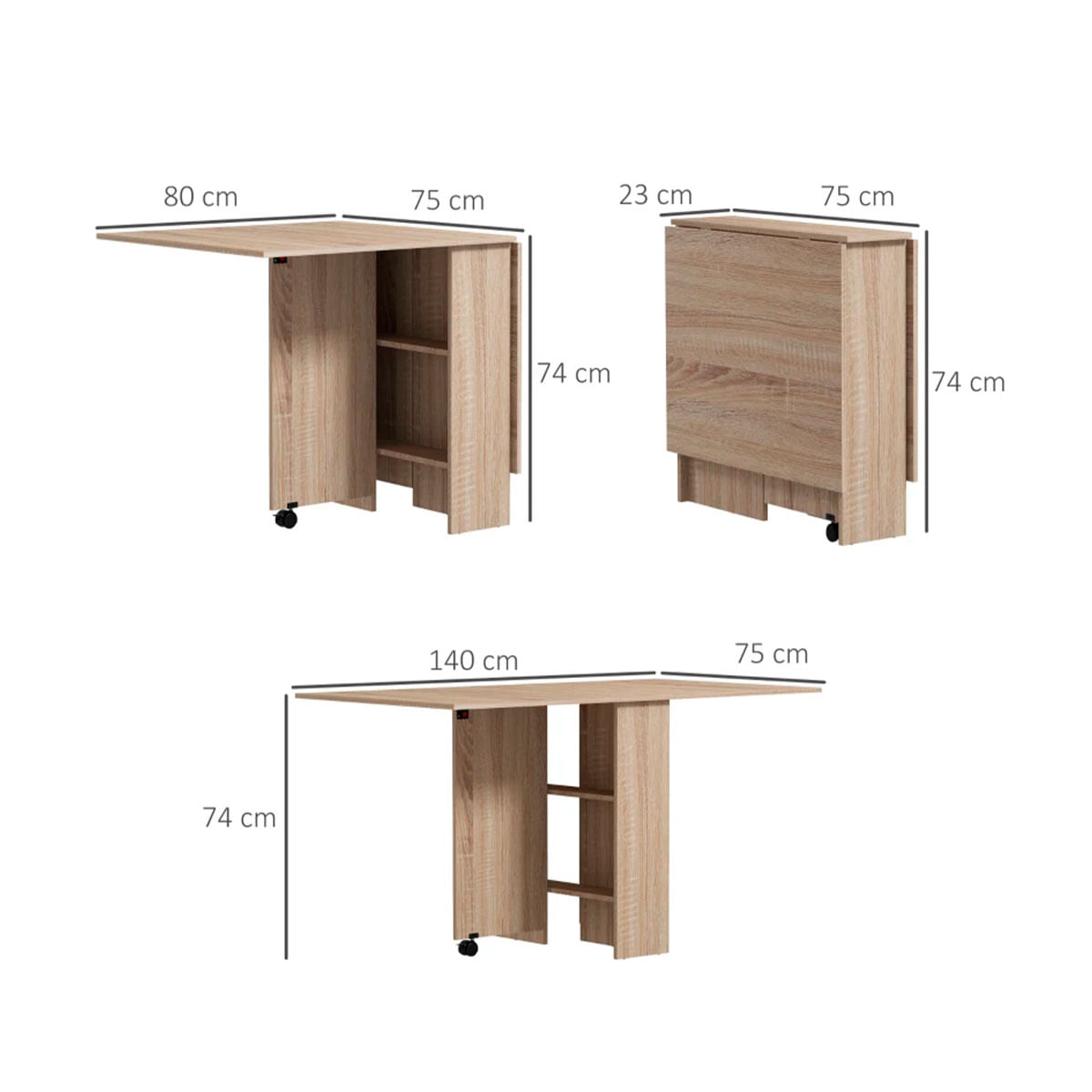 Mesa-plegable-Rue-Homcom-2-estantes---ruedas-natural-74x23-80-140x75cm-medidas