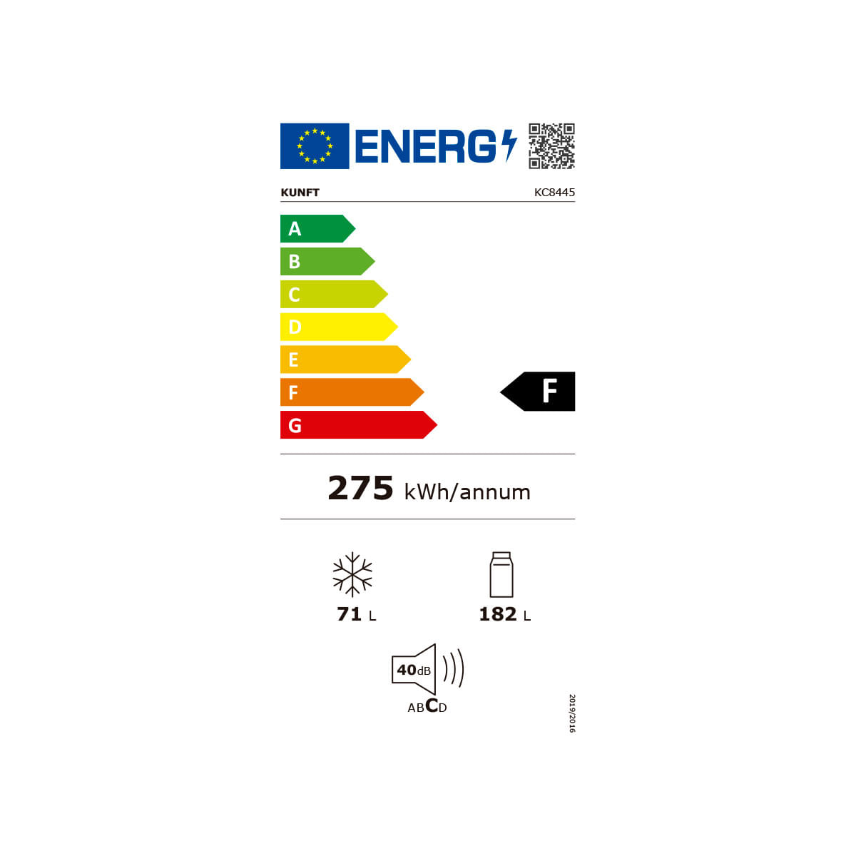 Frigorífico combi KC8445 Kunft No Frost 253L F blanco 180 cm eficiencia energética