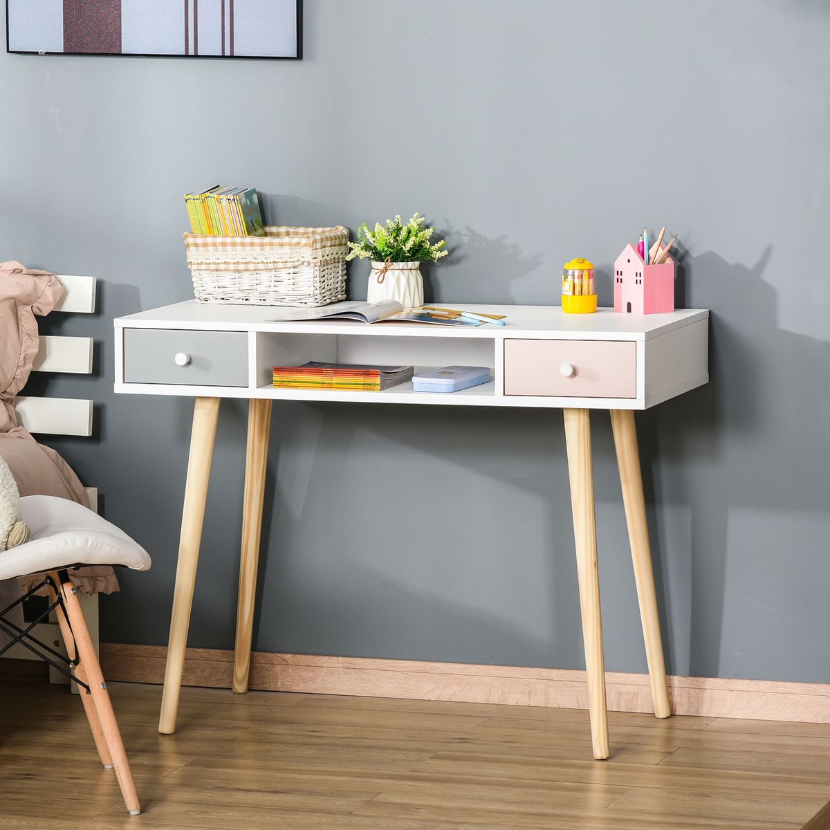 Escritorio infantil Maui homcom 2 cajones + 1 hueco blanco 76,5x100x48 cm