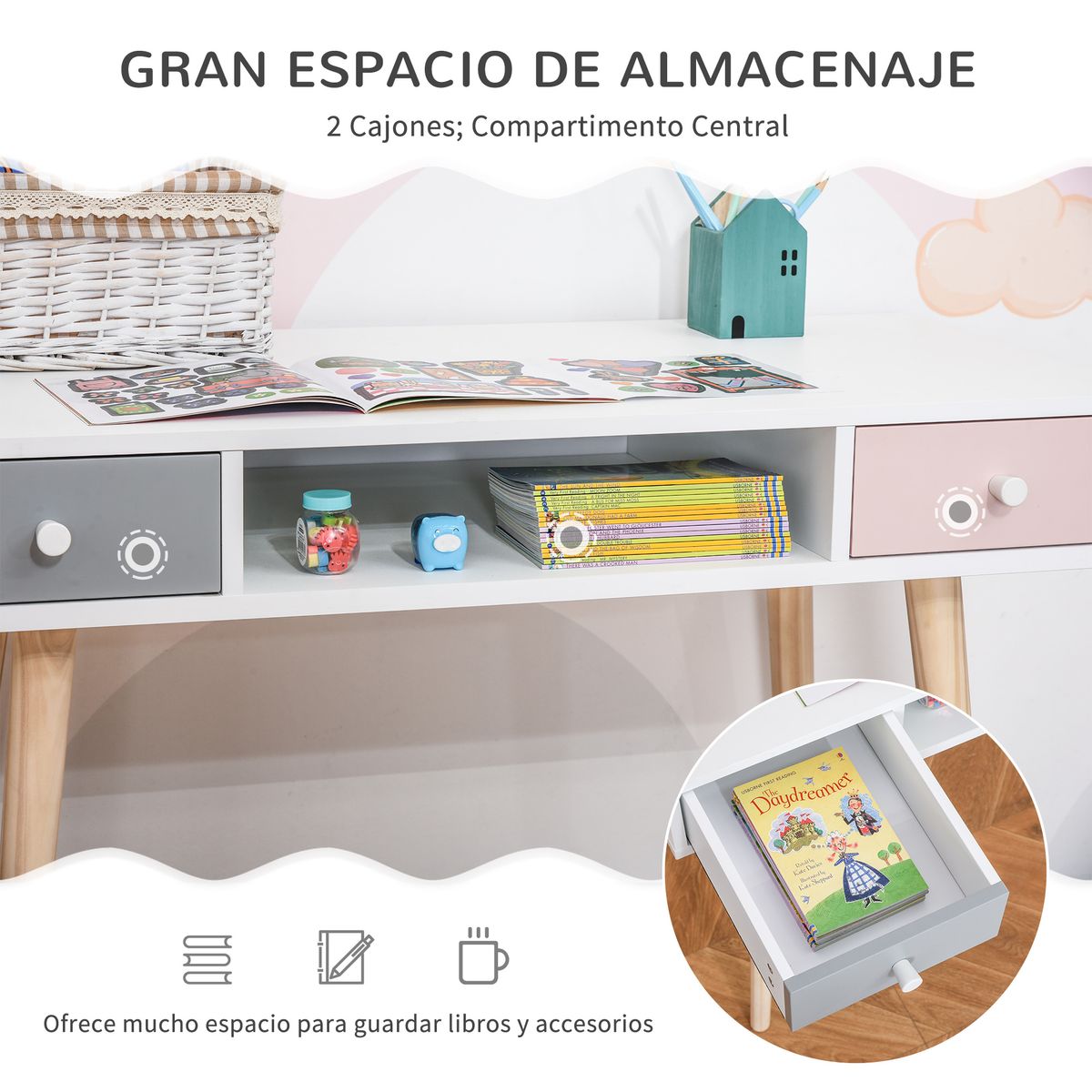 Escritorio infantil Maui homcom 2 cajones + 1 hueco blanco 76,5x100x48 cm 5