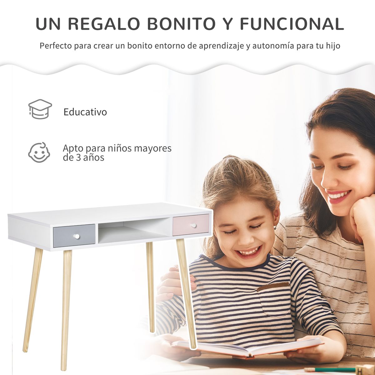 Escritorio infantil Maui homcom 2 cajones + 1 hueco blanco 76,5x100x48 cm 7