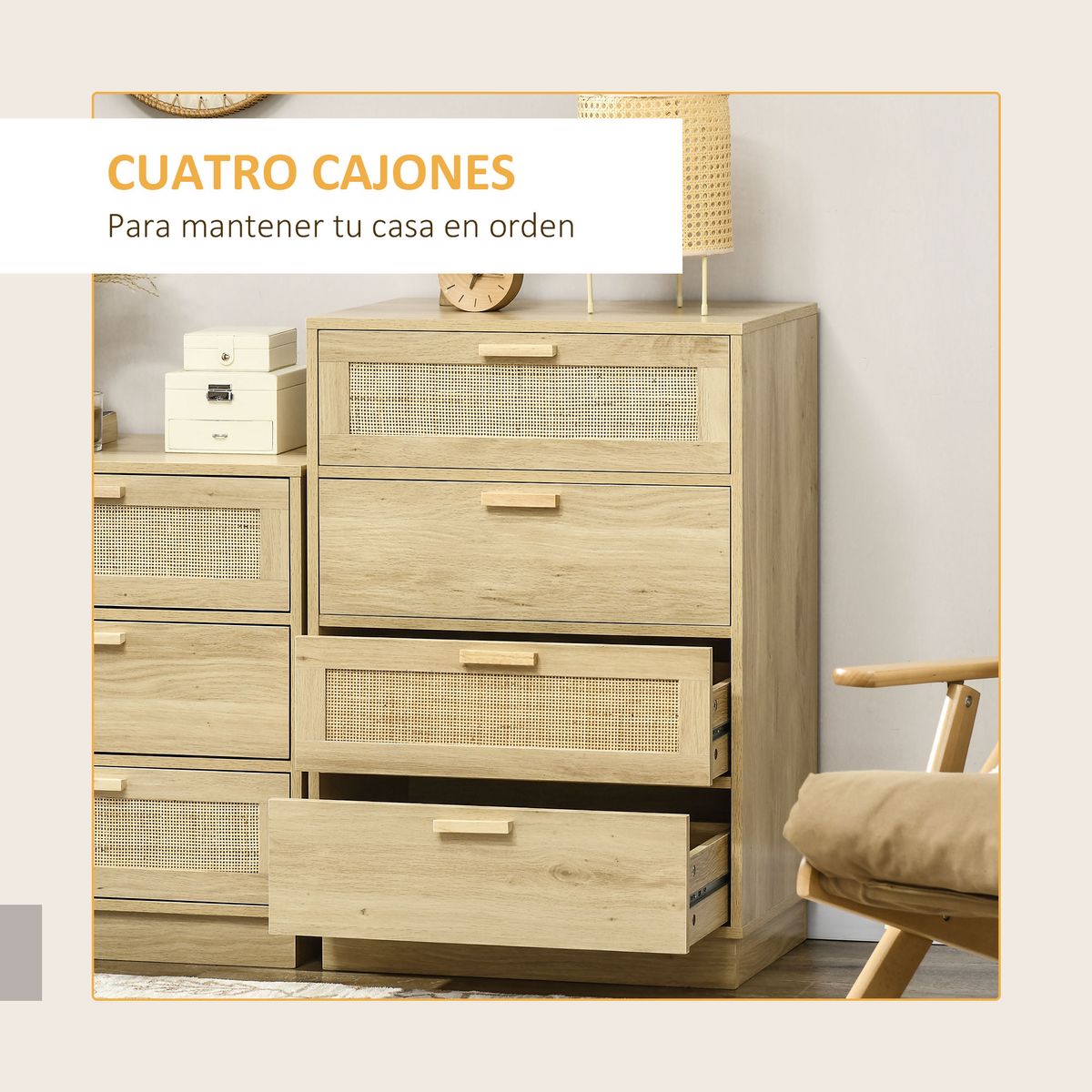 Cómoda Nassau Homcom 4 cajones estilo cannage natural 88,5x60x38 cm 4