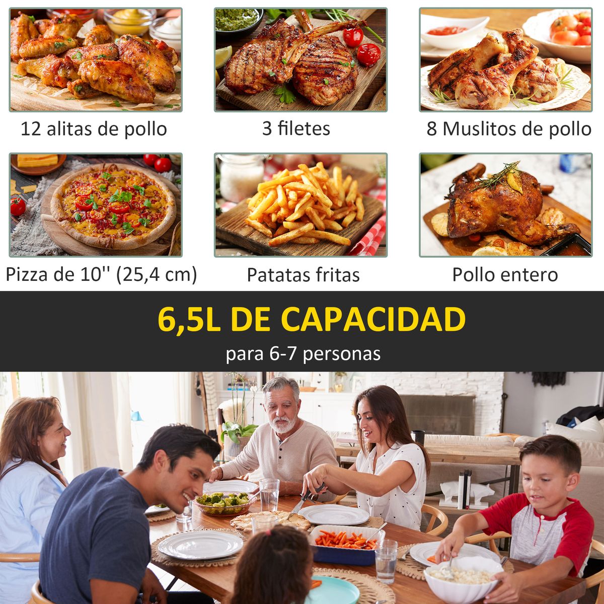 Freidora de aire Crispy Homcom 6,5L 1800W negro 6