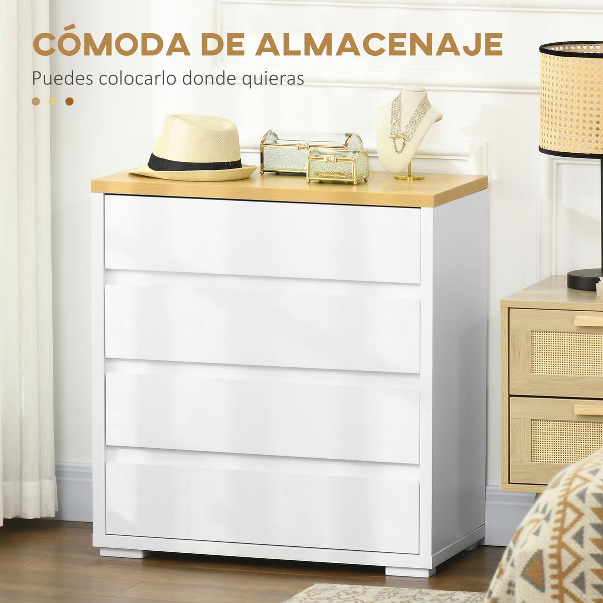 Cómoda Yap Homcom 4 cajones blanco/natural 75x70x37 cm 4