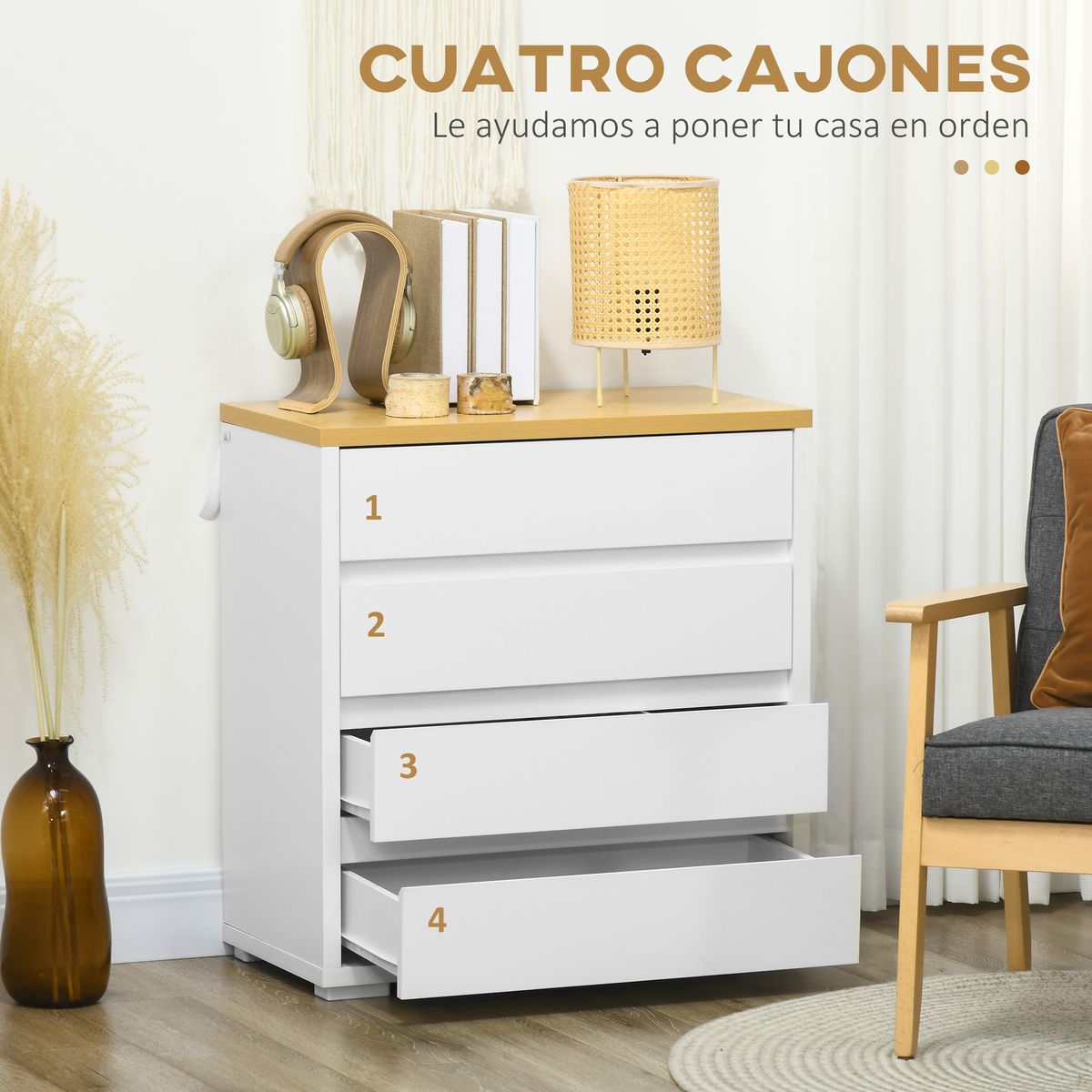 Cómoda Yap Homcom 4 cajones blanco/natural 75x70x37 cm 5