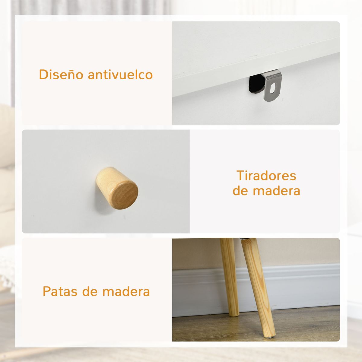 Cómoda Dominica Homcom 3 cajones blanco 80x80x30 cm 6