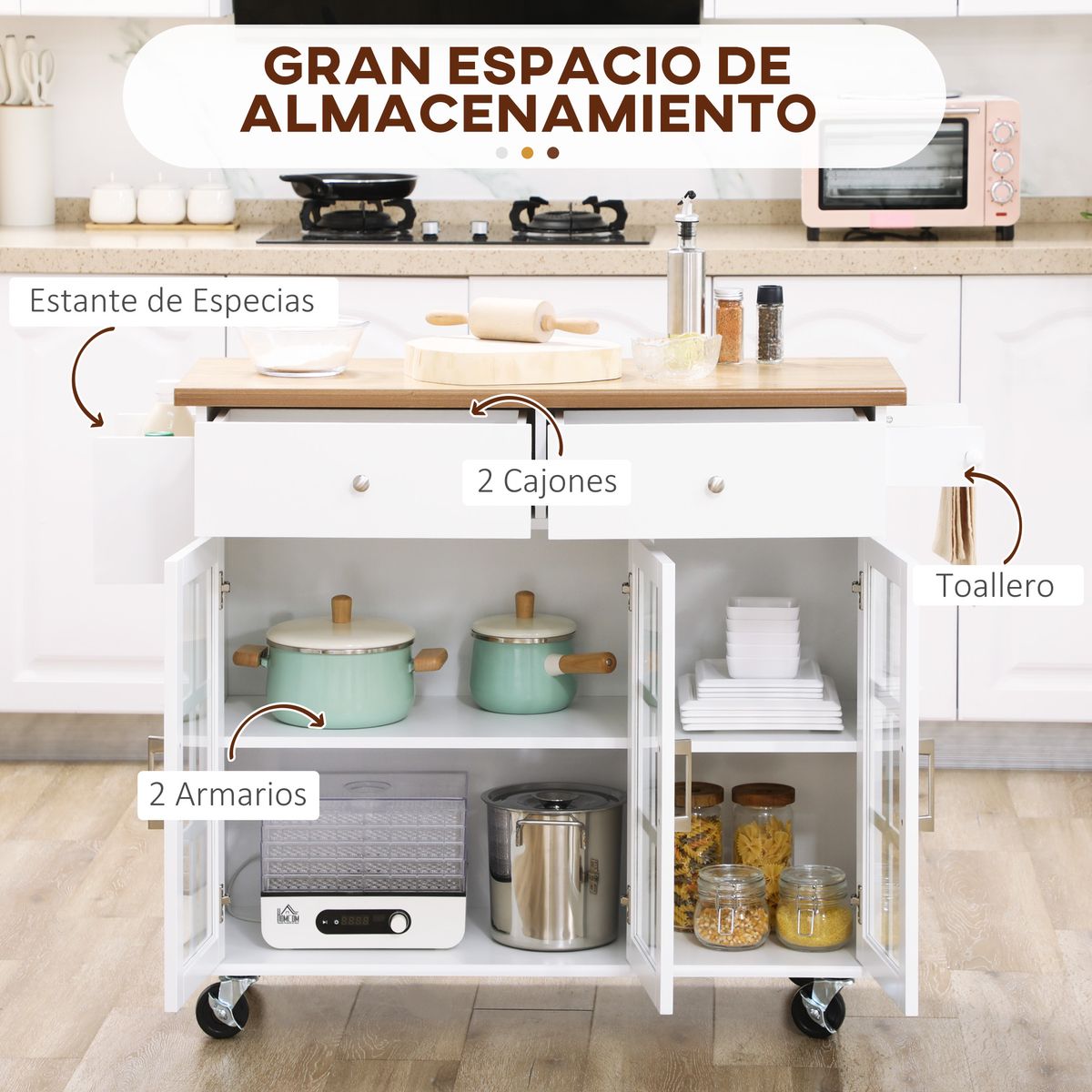 Carrito multiusos Homcom 2 cajones + 3 puertas blanco/natural 90x124,5x39,5 cm 4