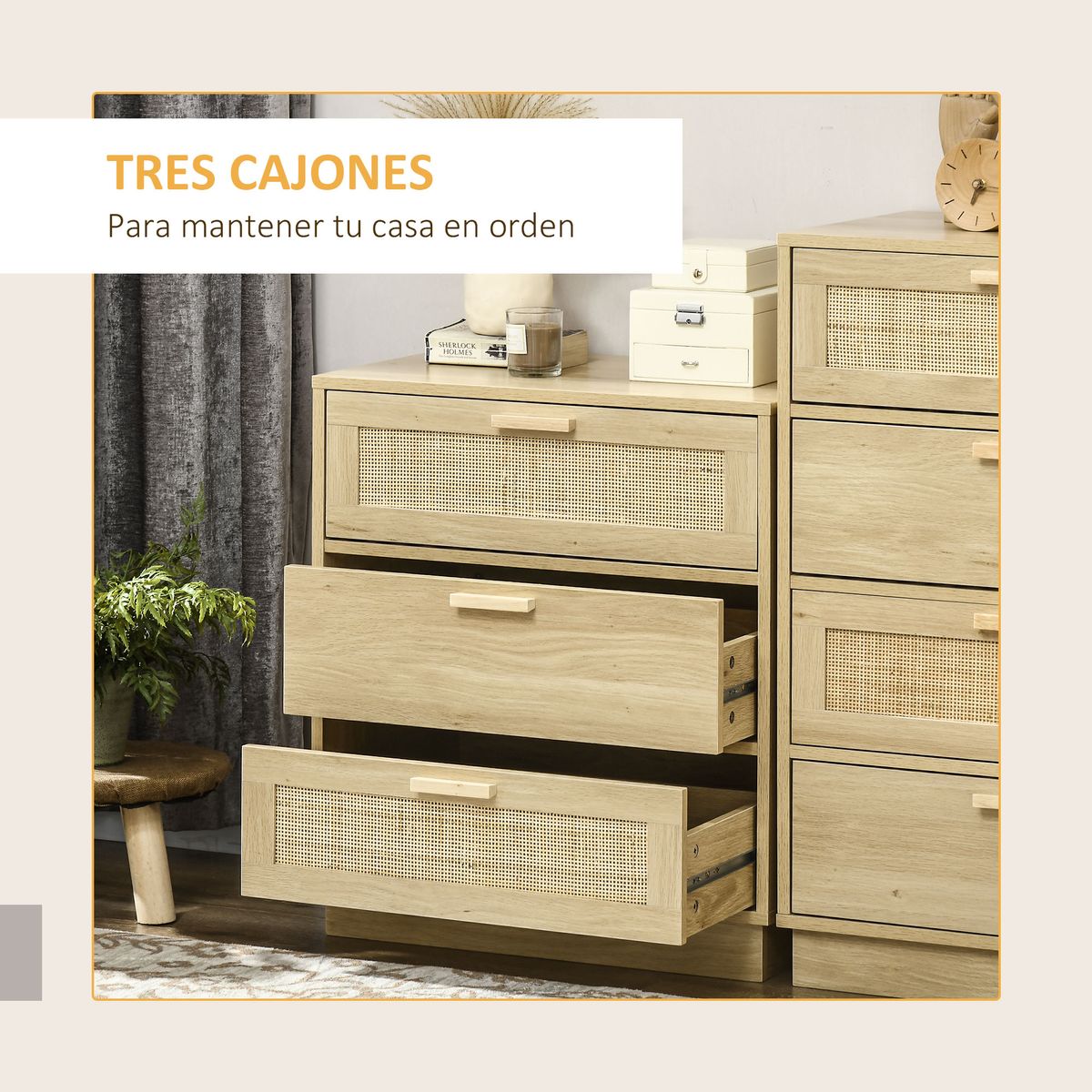 Cómoda Nassau Homcom 3 cajones estilo cannage natural 69x60x38 cm 4