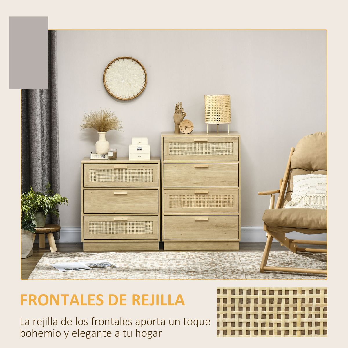 Cómoda Nassau Homcom 3 cajones estilo cannage natural 69x60x38 cm 5