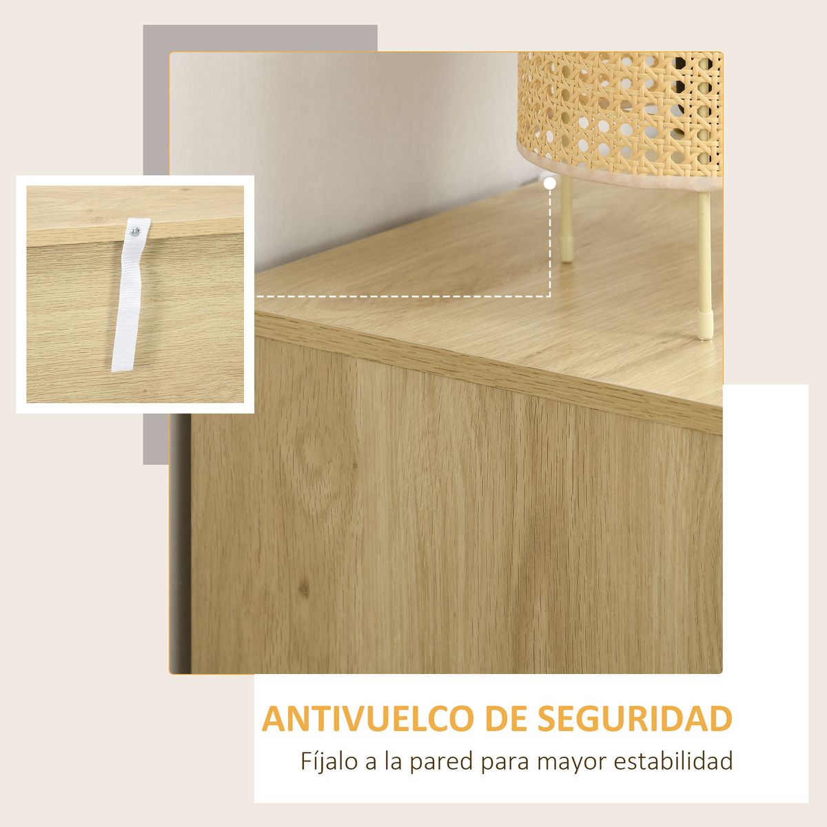 Cómoda Nassau Homcom 3 cajones estilo cannage natural 69x60x38 cm 6