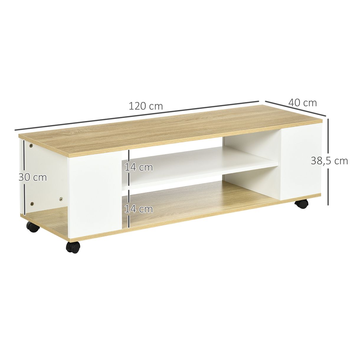 mueble bajo de tv kure homcom 2 estantes natural/blanco 38,5x120x40 cm medidas