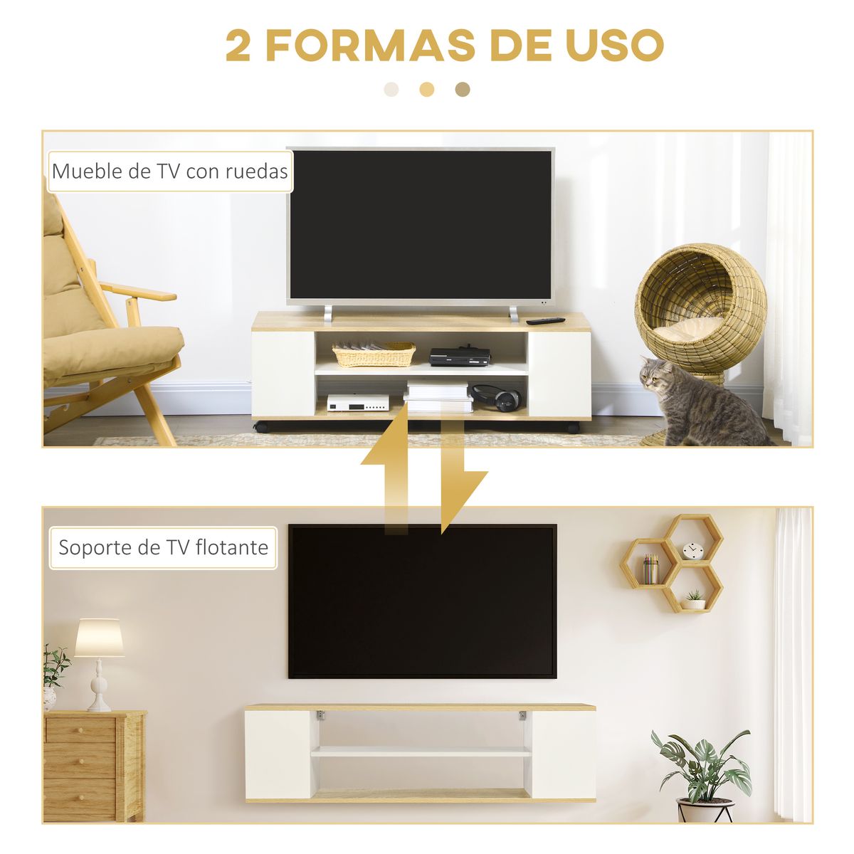 mueble bajo de tv kure homcom 2 estantes natural/blanco 38,5x120x40 cm detalles utilidad