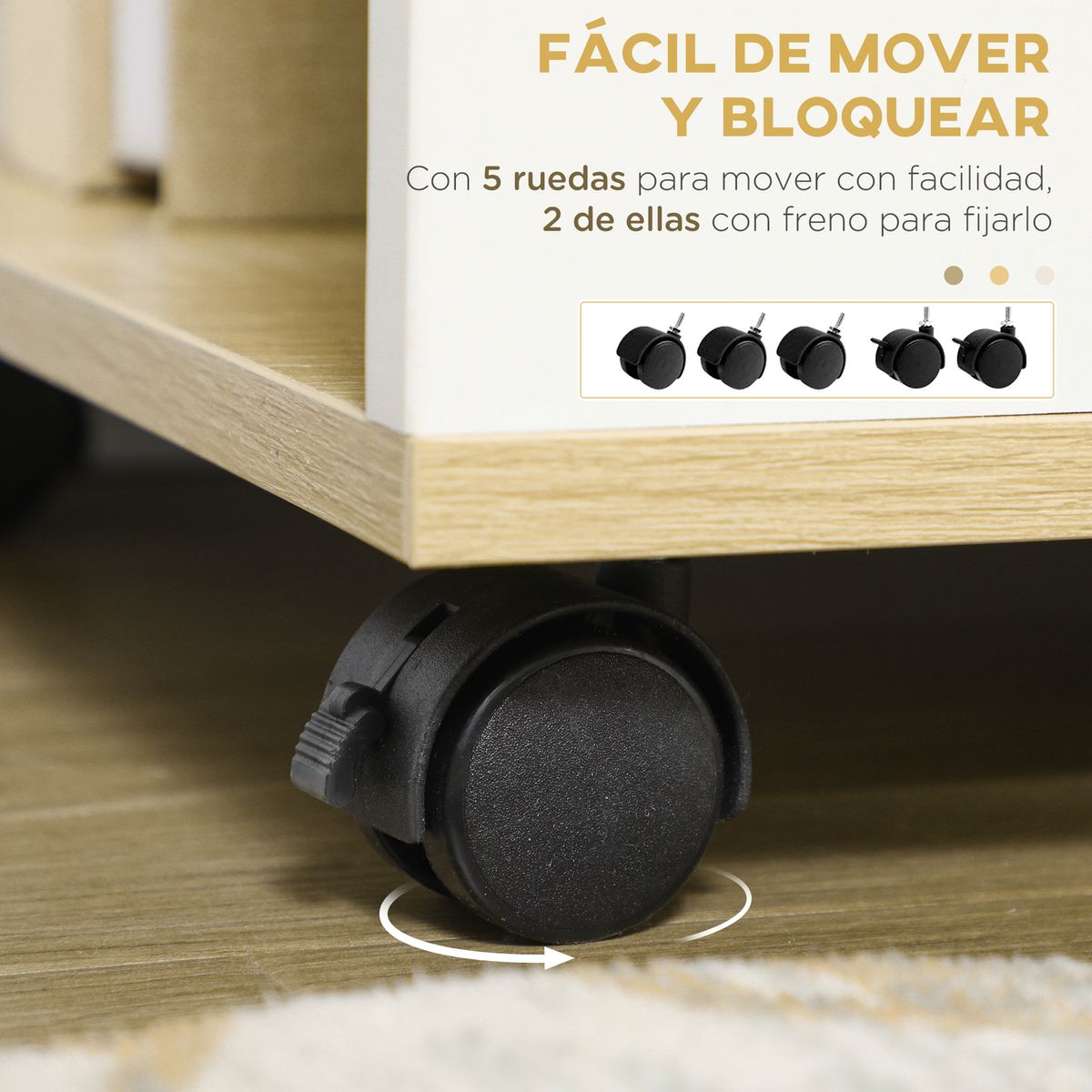 mueble bajo de tv kure homcom 2 estantes natural/blanco 38,5x120x40 cm detalle ruedas