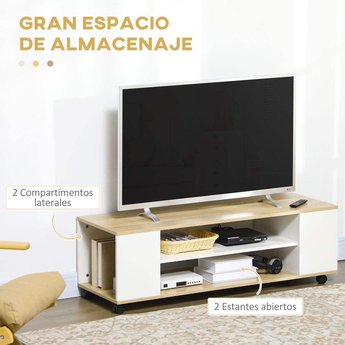 mueble bajo de tv kure homcom 2 estantes natural/blanco 38,5x120x40 cm detalle estantes