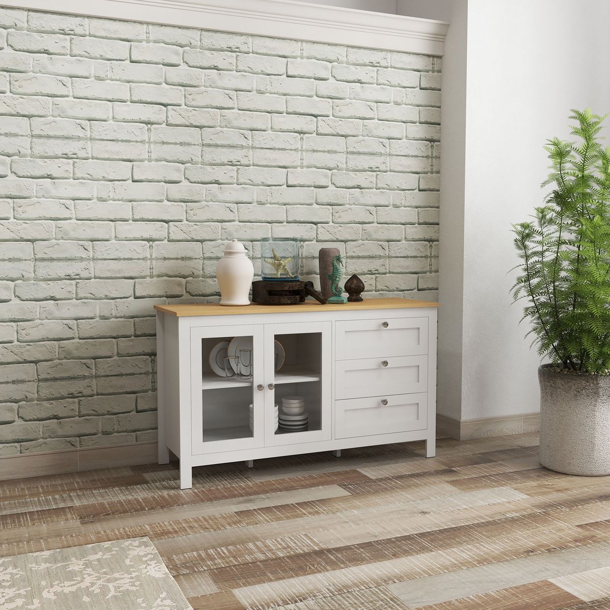 aparador san blas homcom 2 puertas + 3 cajones blanco/natural 70x120x40 cm animada