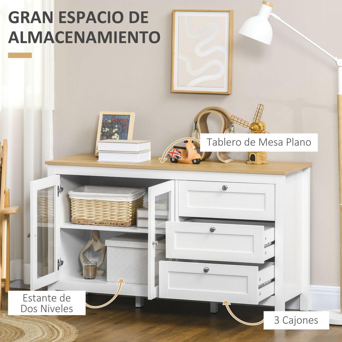 aparador san blas homcom 2 puertas + 3 cajones blanco/natural 70x120x40 cm detalles