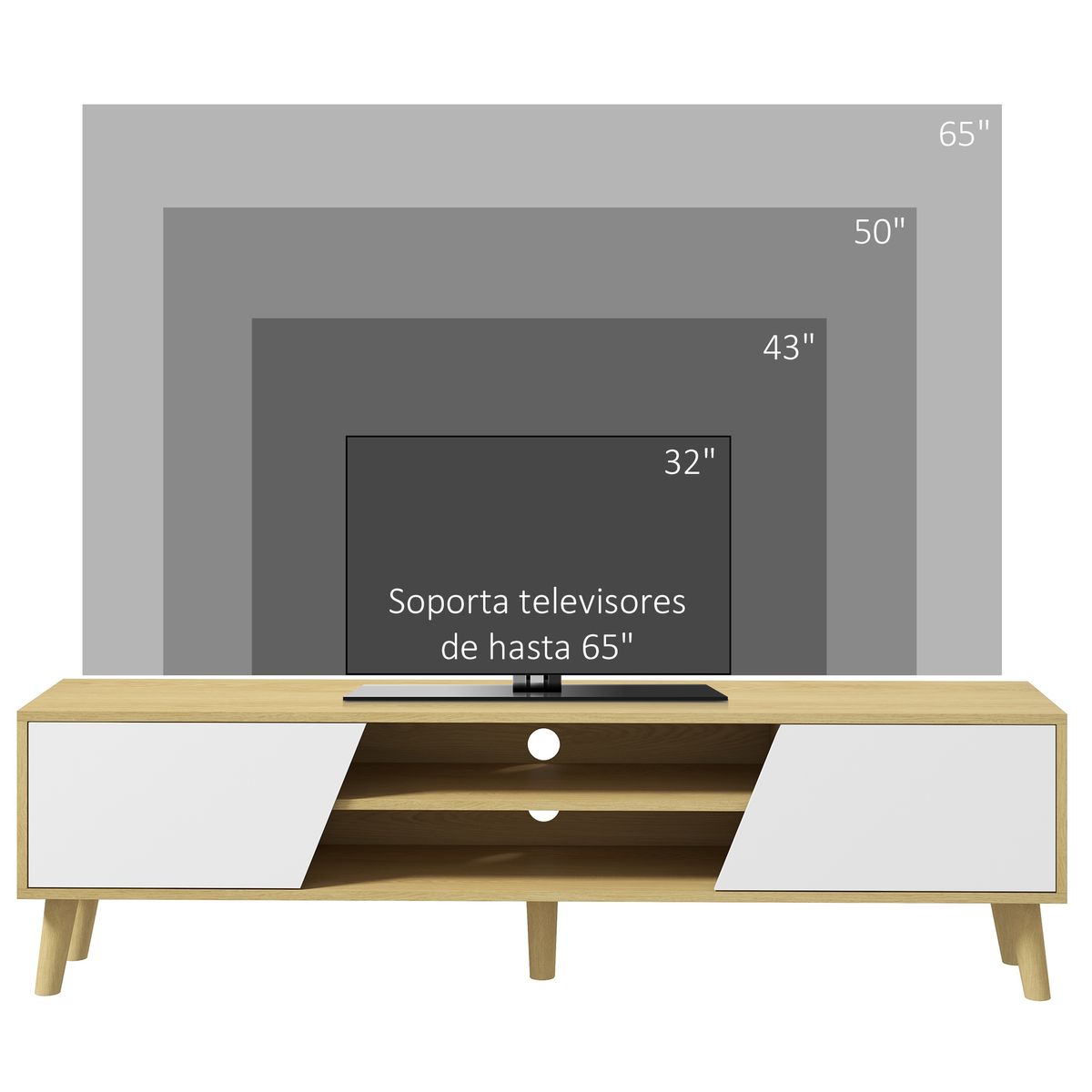 mueble bajo de tv jarvis homcom 2 puertas + 2 estantes natural/blanco 42x150x30 cm posterior