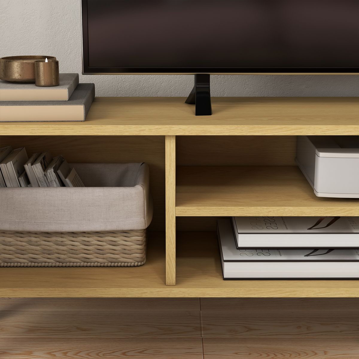 mueble bajo de tv jarvis homcom 2 puertas + 2 estantes natural/blanco 42x150x30 cm estantes