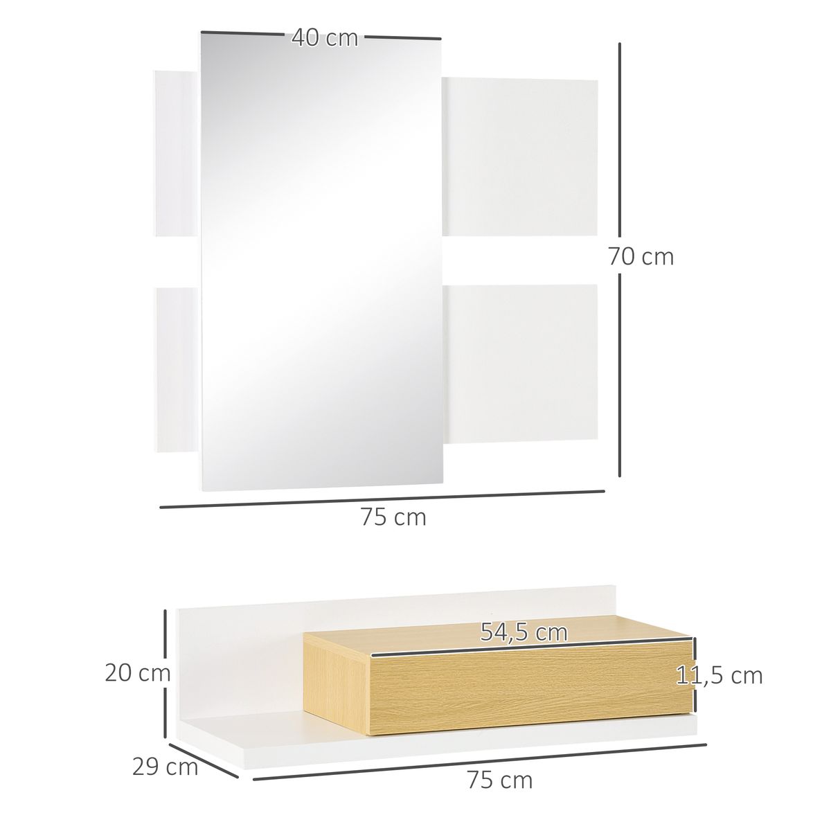 recibidor hiva homcom con espejo 1 cajon blanco medidas