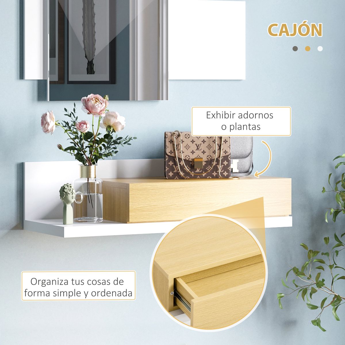 recibidor hiva homcom con espejo 1 cajon blanco detalle
