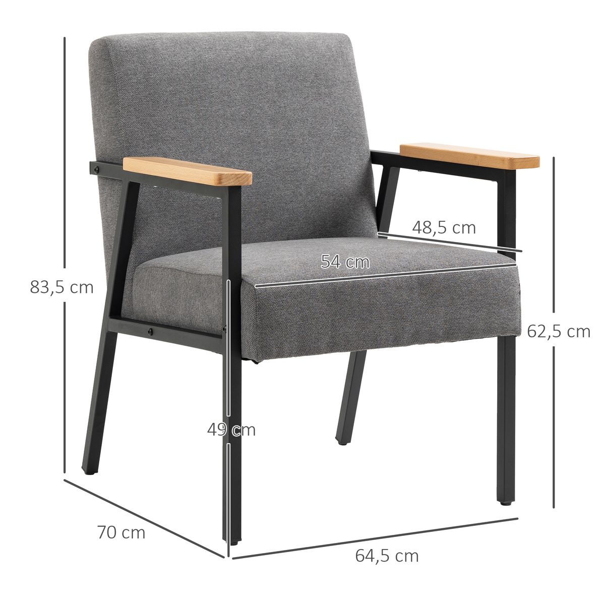 butaca modern living homcom con reposabrazos gris 83,5x64,5x70 cm medidas