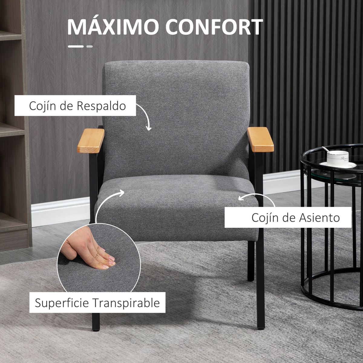 butaca modern living homcom con reposabrazos gris 83,5x64,5x70 cm detalles