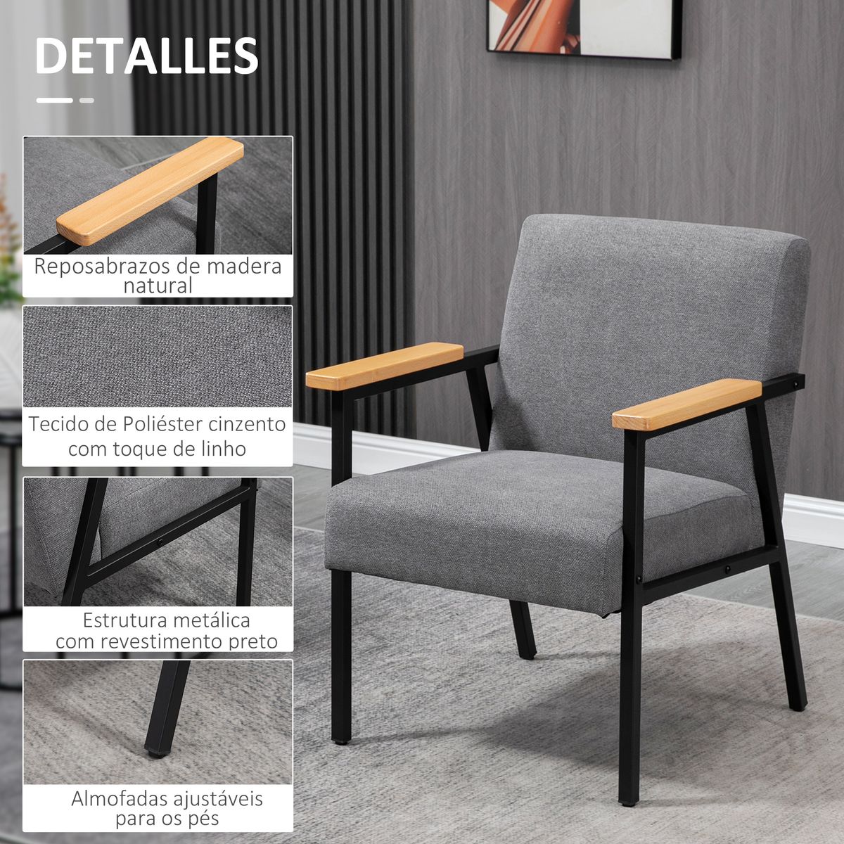 butaca modern living homcom con reposabrazos gris 83,5x64,5x70 cm lateral