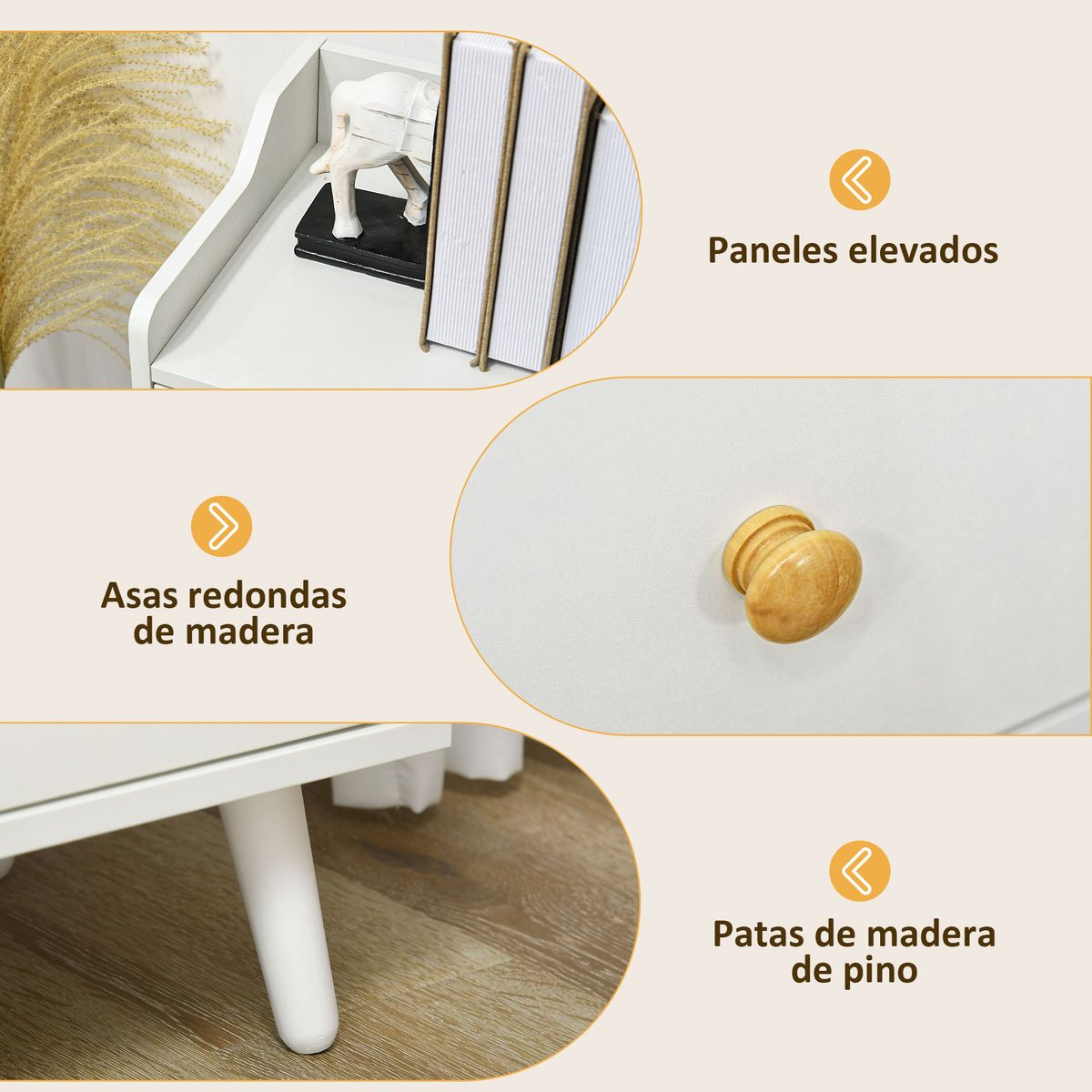 aparador ko thai homcom 2 puertas + 3 cajones blanco 80x90x32 cm detalle pomos