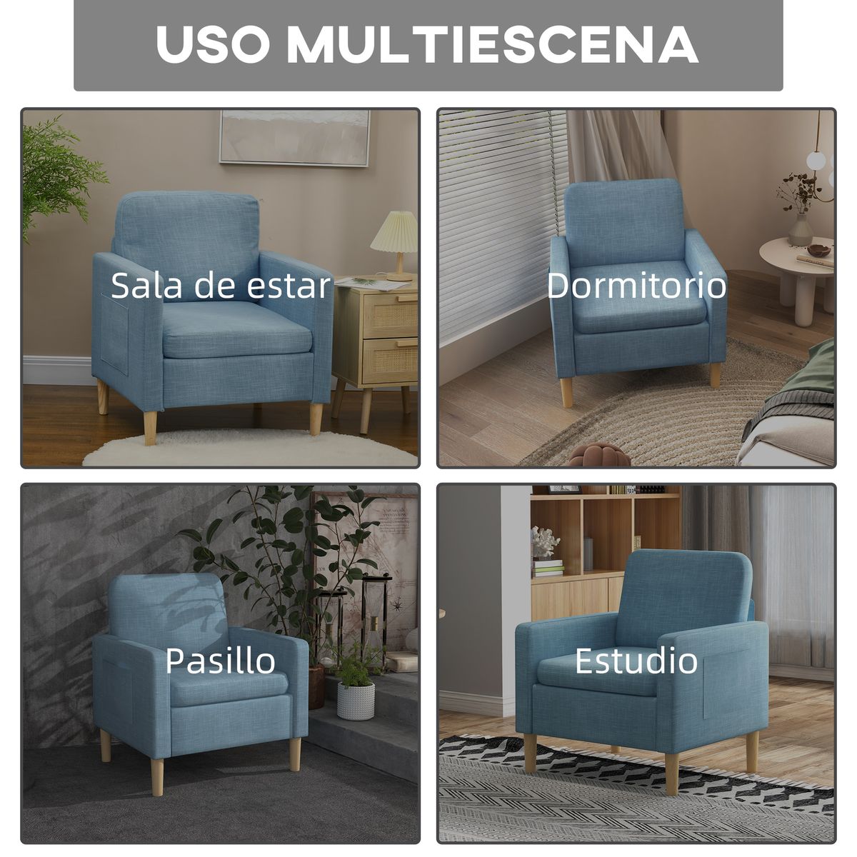 Butaca Alves Homcom 2 bolsillos laterales azul claro 87x73x79 cm 6