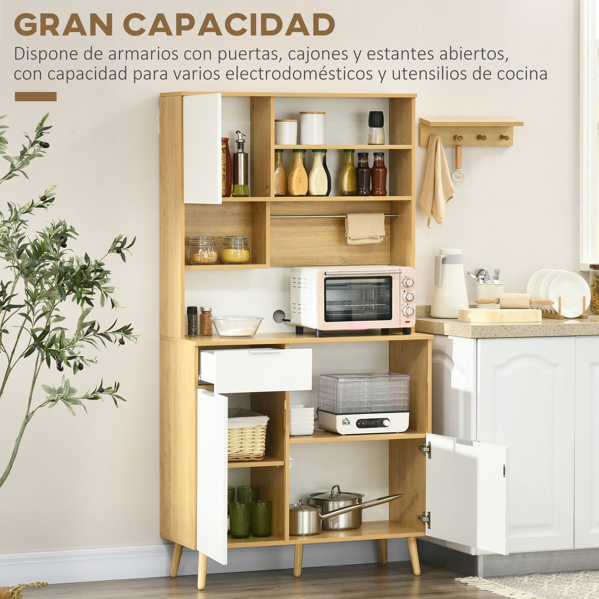 Mueble de cocina Tibeta homcom 3 puertas blanco/natural 180x93x40 cm 4