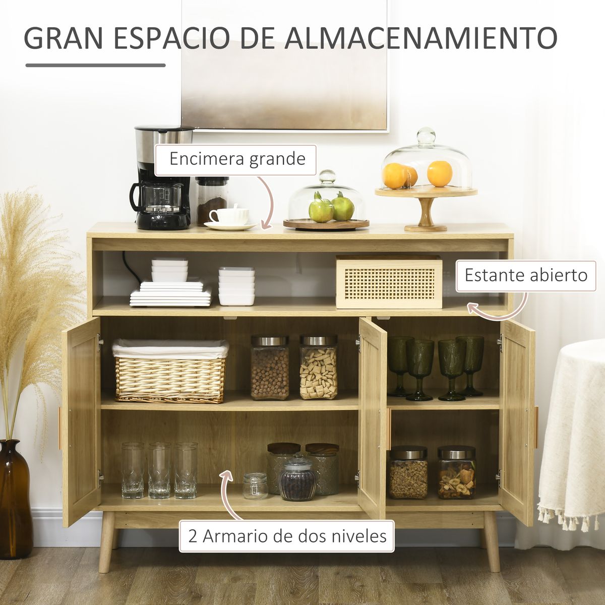 aparador de cocina san vicente homcom 3 puertas estilo cannage natural 97x120x40cm detalle