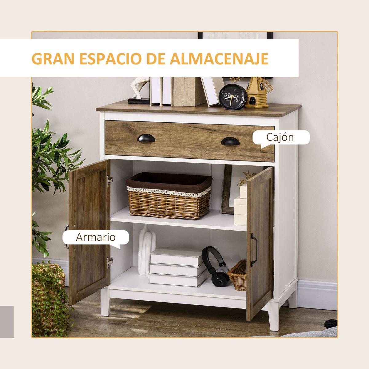 aparador tuvalu homcom 2 puertas blanco/madera 89,4x78,5x39 cm interior