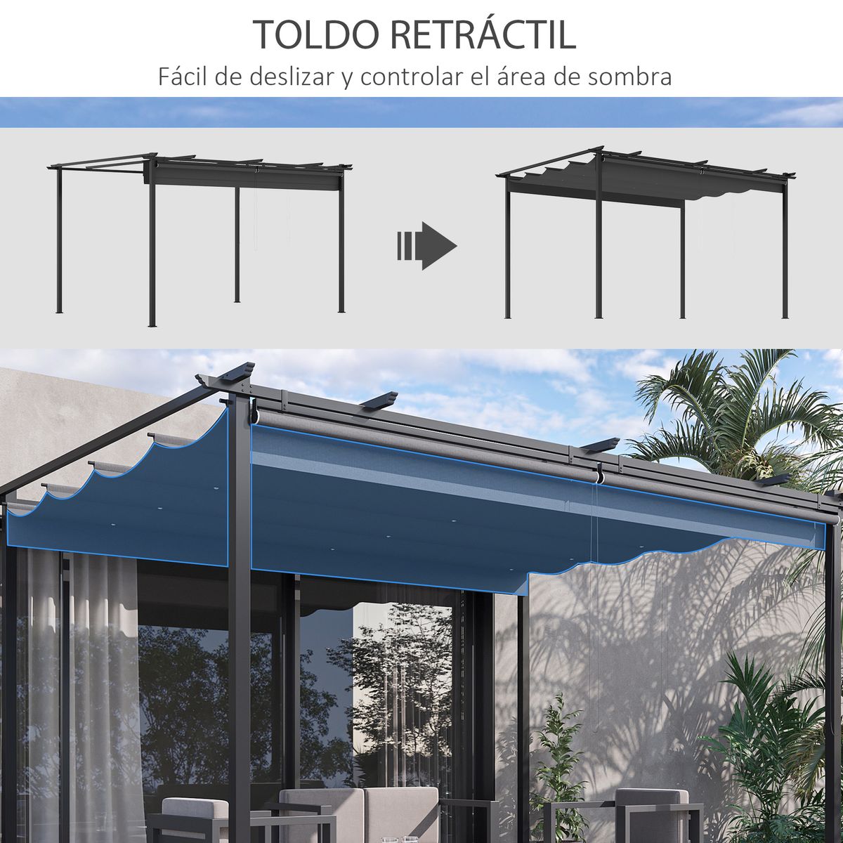 Pérgola de jardín Outsunny techo retráctil 4 cortinas enrollables gris oscuro 4x3m 4