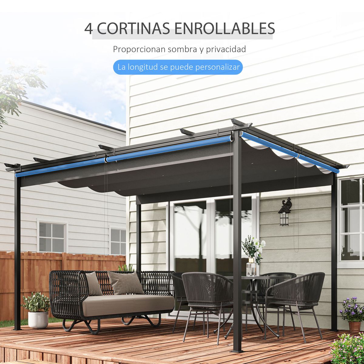 Pérgola de jardín Outsunny techo retráctil 4 cortinas enrollables gris oscuro 4x3m 5