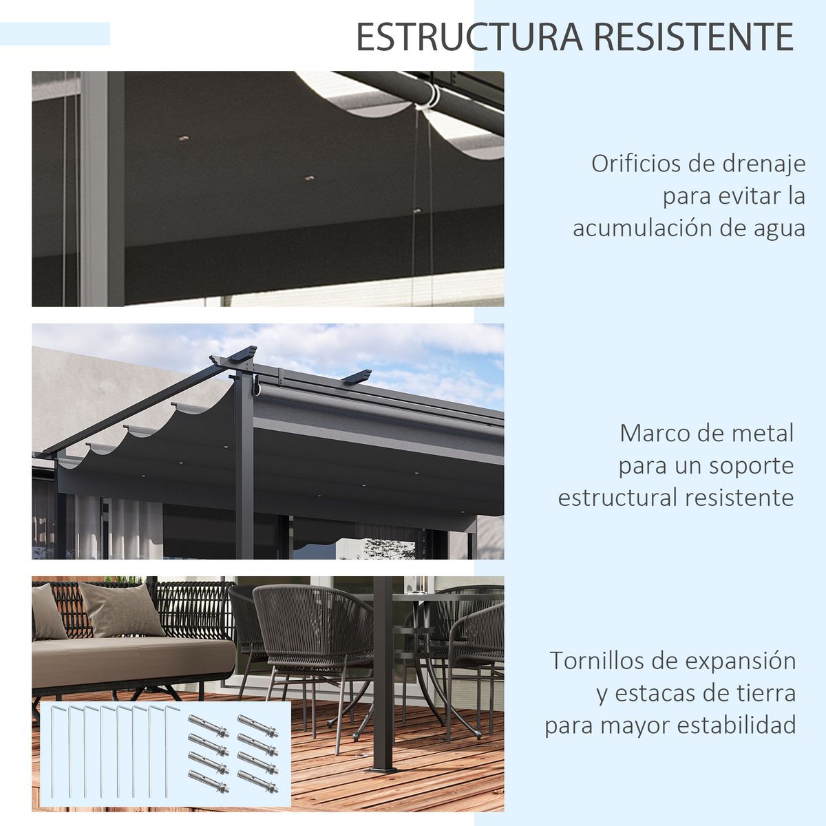 Pérgola de jardín Outsunny techo retráctil 4 cortinas enrollables gris oscuro 4x3m 6
