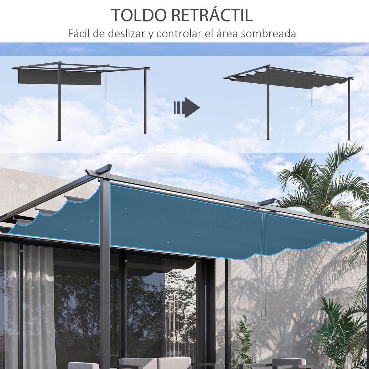 pérgola de jardín outsunny techo retractil gris oscuro 220x390x290 cm detalles